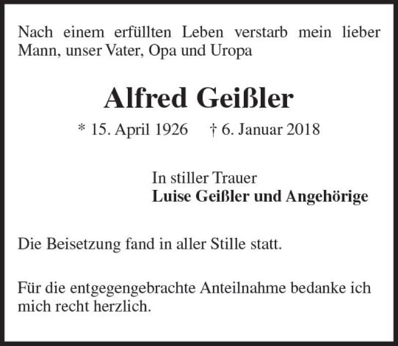  Traueranzeige für Alfred Geißler vom 20.01.2018 aus Trauerportal Rhein Main Presse