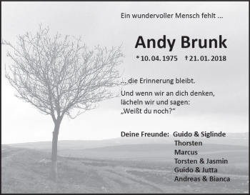 Traueranzeige von Andy Brunk von Trauerportal Rhein Main Presse