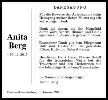 Traueranzeige von Anita Berg von VRM Trauer