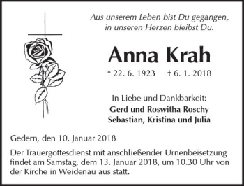 Traueranzeige von Anna Krah von  Kreisanzeiger