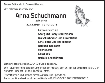 Traueranzeige von Anna Schuchmann von Trauerportal Rhein Main Presse