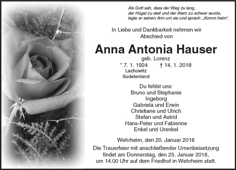  Traueranzeige für Anna Antonia Hauser vom 20.01.2018 aus  Usinger Anzeiger