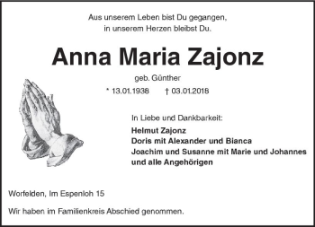 Traueranzeige von Anna Maria Zajonz von Trauerportal Rhein Main Presse