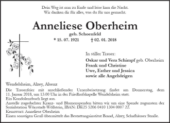Traueranzeige von Anneliese Oberheim von Trauerportal Rhein Main Presse