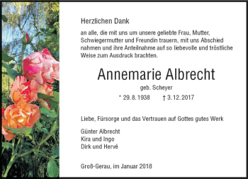 Traueranzeige von Annemarie Albrecht von Trauerportal Rhein Main Presse