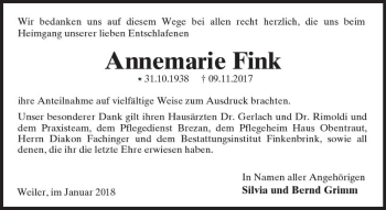 Traueranzeige von Annemarie Fink von Trauerportal Rhein Main Presse