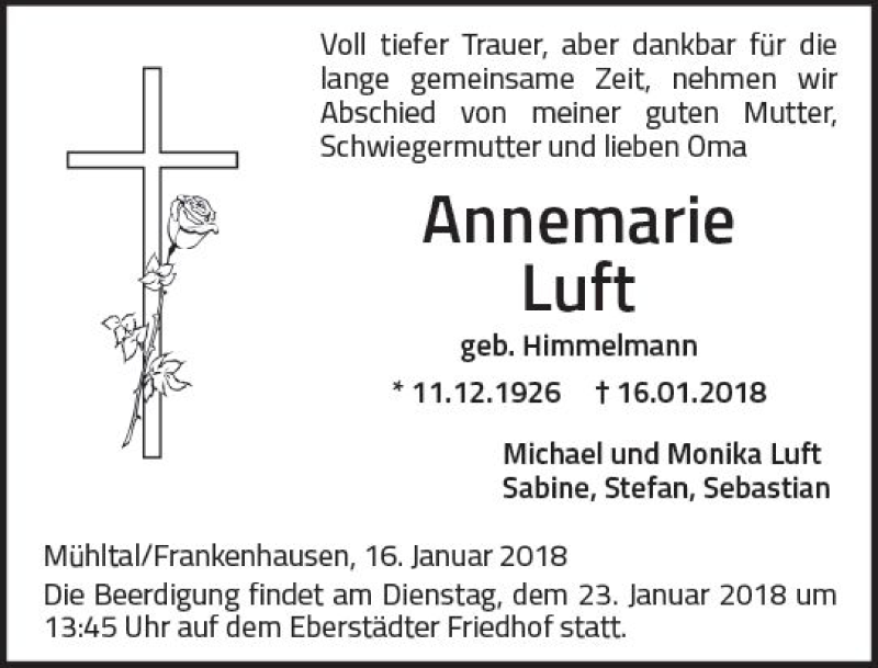  Traueranzeige für Annemarie Luft vom 20.01.2018 aus Trauerportal Rhein Main Presse