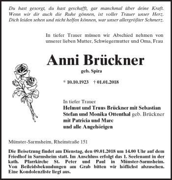 Traueranzeige von Anni Brückner von Trauerportal Rhein Main Presse