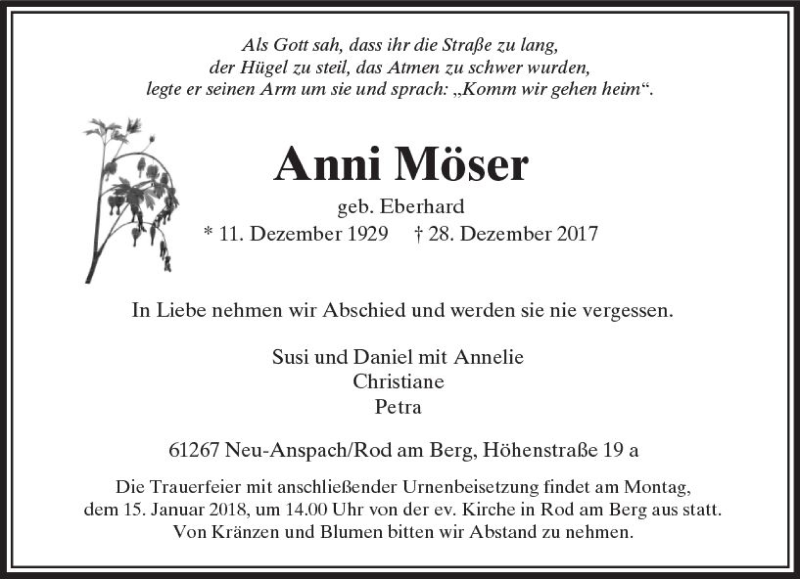  Traueranzeige für Anni Möser vom 05.01.2018 aus  Usinger Anzeiger
