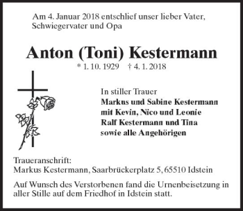 Traueranzeige von Anton Kestermann von Trauerportal Rhein Main Presse