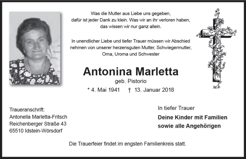  Traueranzeige für Antonina Marletta vom 17.01.2018 aus Trauerportal Rhein Main Presse