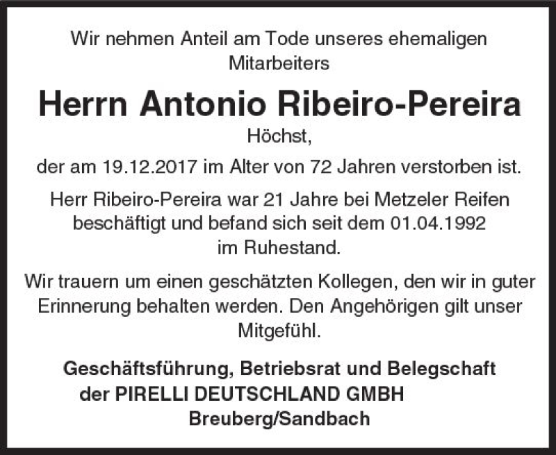  Traueranzeige für Antonio Ribeiro-Pereira vom 11.01.2018 aus Trauerportal Rhein Main Presse