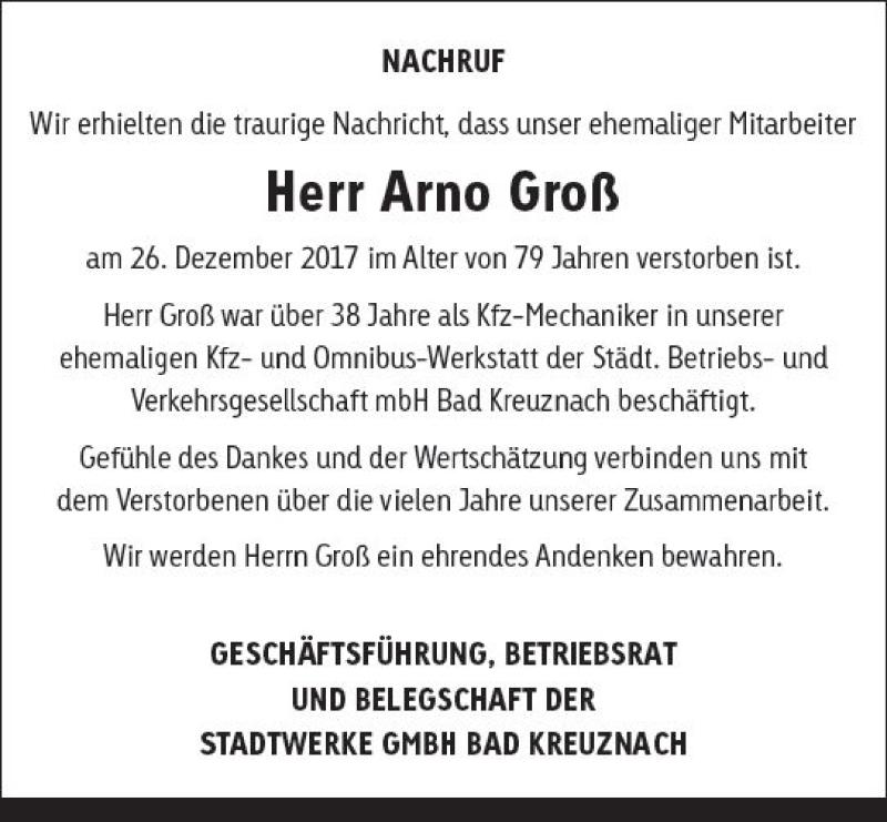  Traueranzeige für Arno Groß vom 06.01.2018 aus Trauerportal Rhein Main Presse