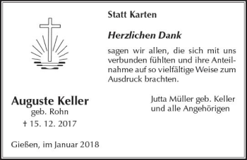 Traueranzeige von Auguste Keller von  Gießener Anzeiger