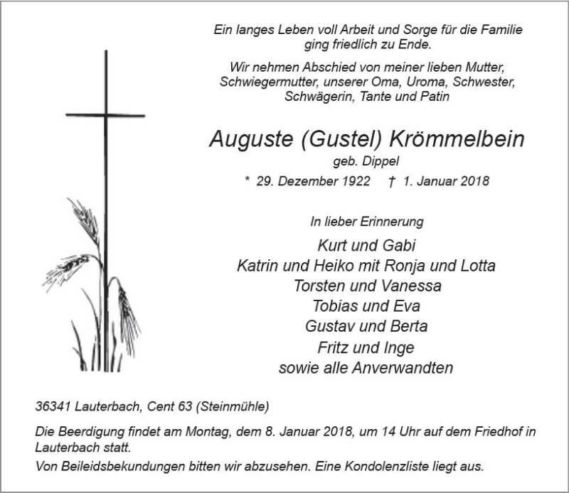  Traueranzeige für Auguste Krömmelbein vom 04.01.2018 aus VRM Trauer