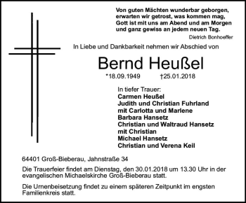 Traueranzeige von Bernd Heußel von Trauerportal Rhein Main Presse