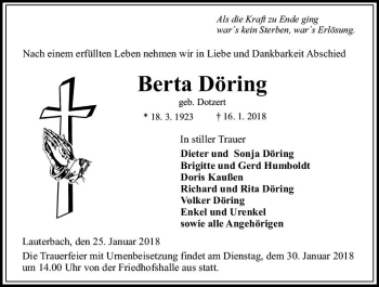 Traueranzeige von Berta Döring von VRM Trauer