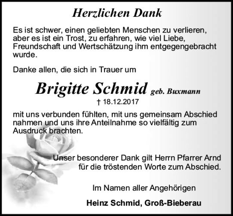  Traueranzeige für Brigitte Schmid vom 20.01.2018 aus Trauerportal Rhein Main Presse