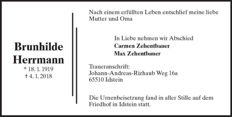  Traueranzeige für Brunhilde Herrmann vom 20.01.2018 aus Trauerportal Rhein Main Presse