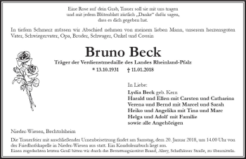 Traueranzeige von Bruno Beck von Trauerportal Rhein Main Presse