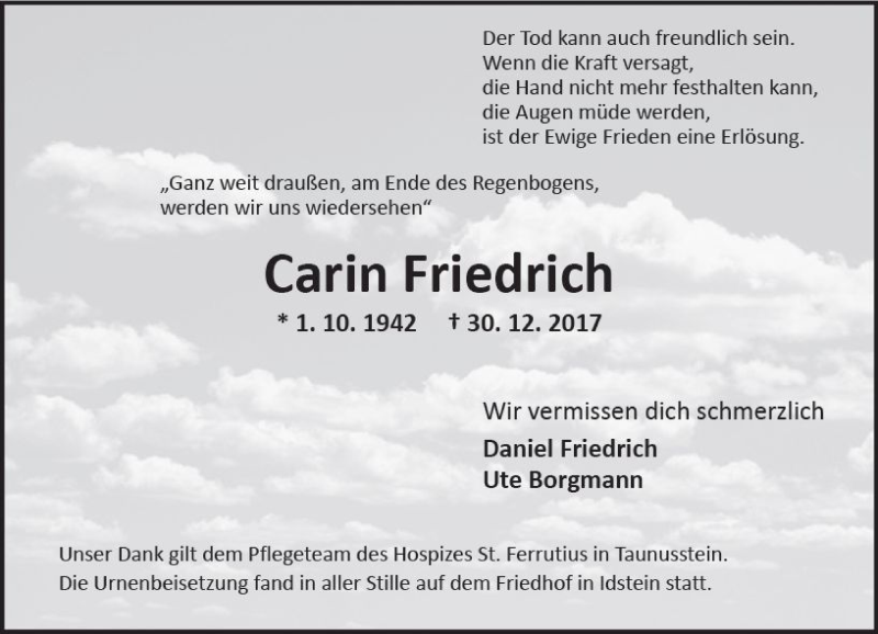  Traueranzeige für Carin Friedrich vom 10.01.2018 aus Trauerportal Rhein Main Presse