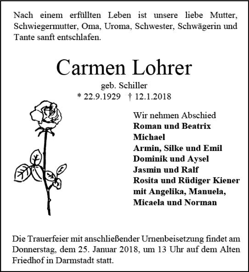  Traueranzeige für Carmen Lohrer vom 20.01.2018 aus Trauerportal Rhein Main Presse