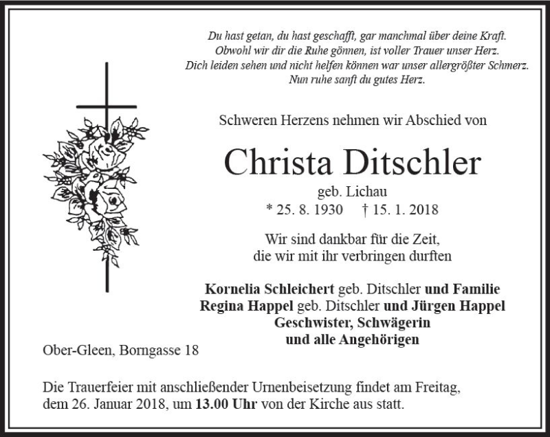  Traueranzeige für Christa Ditschler vom 23.01.2018 aus VRM Trauer