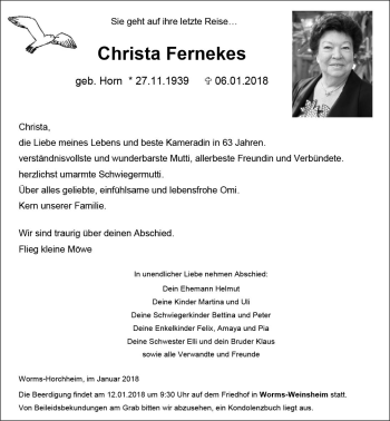 Traueranzeige von Christa Fernekes von Trauerportal Rhein Main Presse