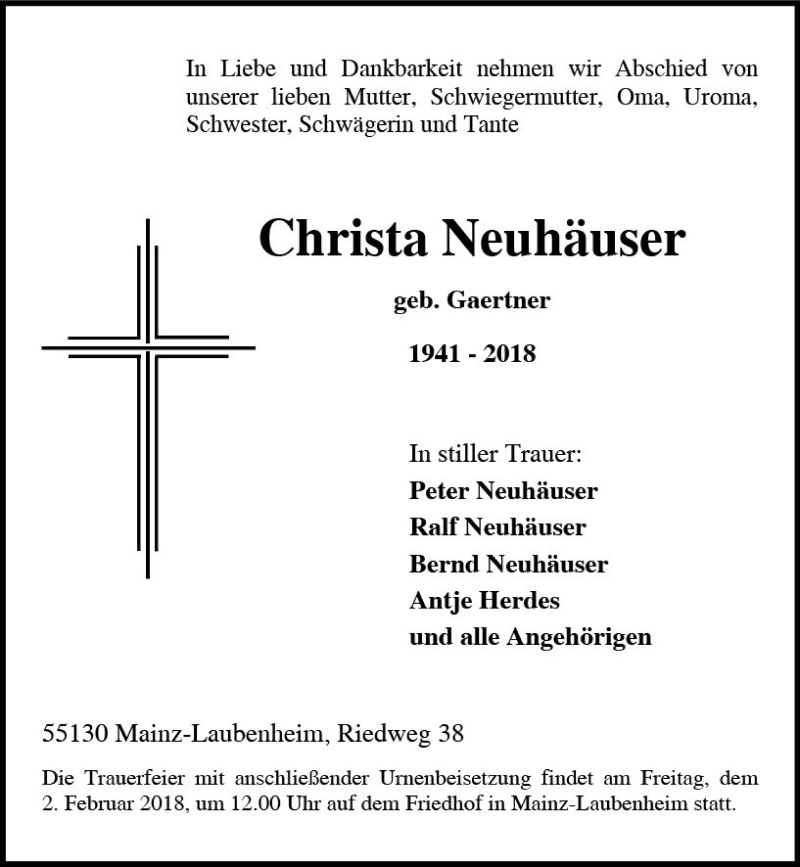  Traueranzeige für Christa Neuhäuser vom 27.01.2018 aus Trauerportal Rhein Main Presse