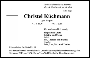 Traueranzeige von Christel Küchmann von Trauerportal Rhein Main Presse