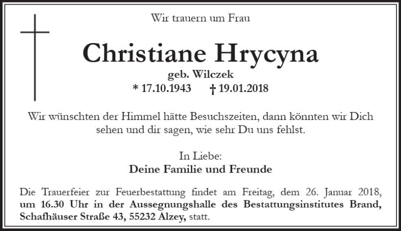  Traueranzeige für Christiane Hrycyna vom 24.01.2018 aus Trauerportal Rhein Main Presse