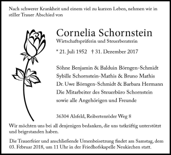 Traueranzeige von Cornelia Schornstein von VRM Trauer