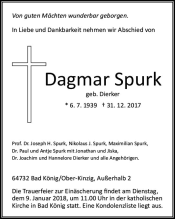 Traueranzeige von Dagmar Spurk von Trauerportal Rhein Main Presse
