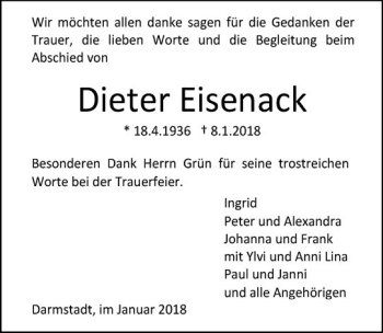 Traueranzeige von Dieter Eisenack von Trauerportal Rhein Main Presse