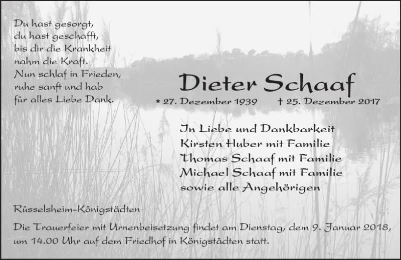  Traueranzeige für Dieter Schaaf vom 06.01.2018 aus Trauerportal Rhein Main Presse