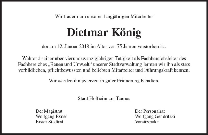  Traueranzeige für Dietmar König vom 26.01.2018 aus Trauerportal Rhein Main Presse