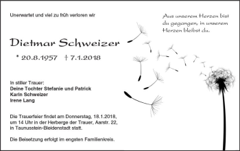 Traueranzeige von Dietmat Schweizer von Trauerportal Rhein Main Presse