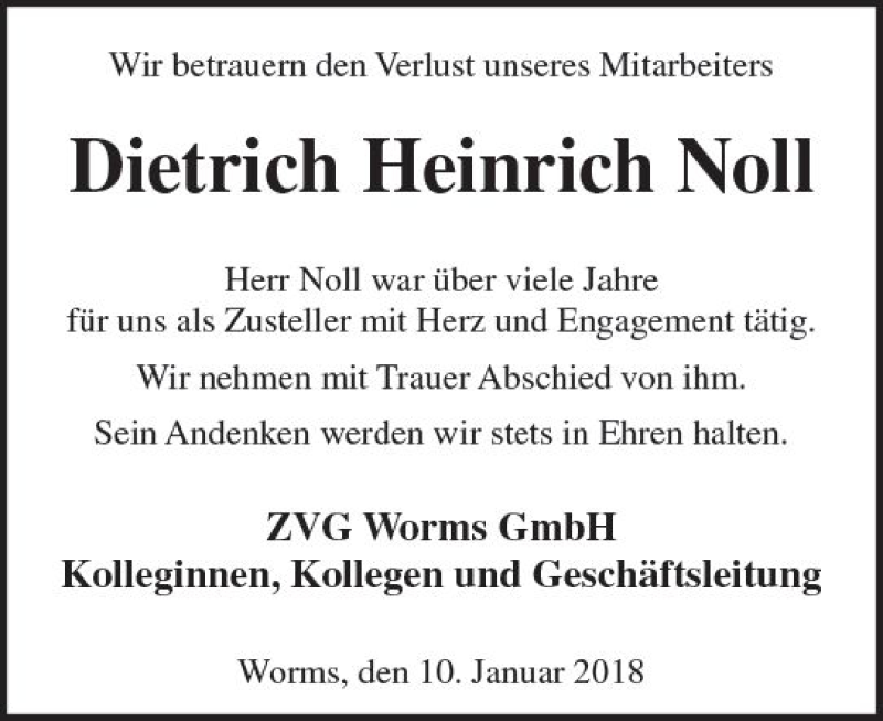  Traueranzeige für Dietrich Heinrich Noll vom 10.01.2018 aus Trauerportal Rhein Main Presse