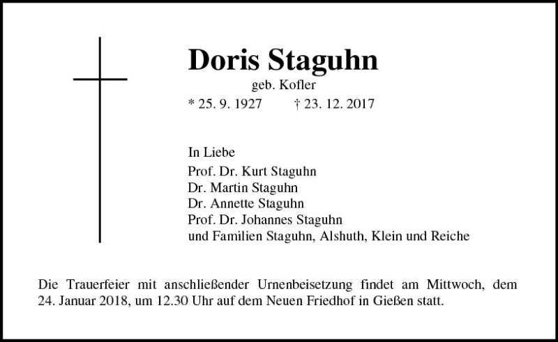  Traueranzeige für Doris Staguhn vom 17.01.2018 aus  Gießener Anzeiger
