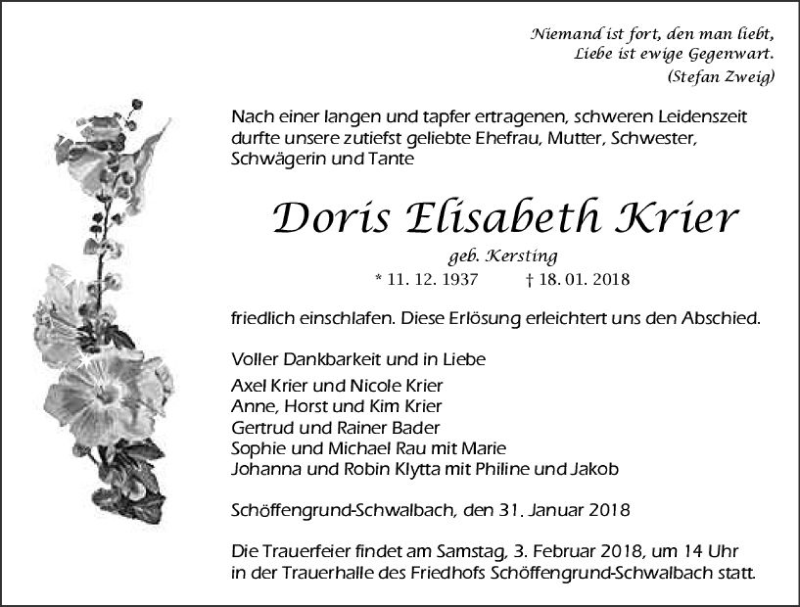  Traueranzeige für Doris Elisabeth Krier vom 31.01.2018 aus  Gießener Anzeiger