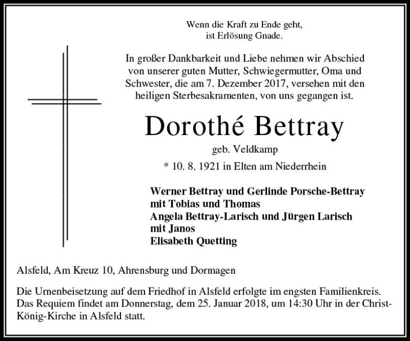  Traueranzeige für Dorothé Bettray vom 20.01.2018 aus VRM Trauer
