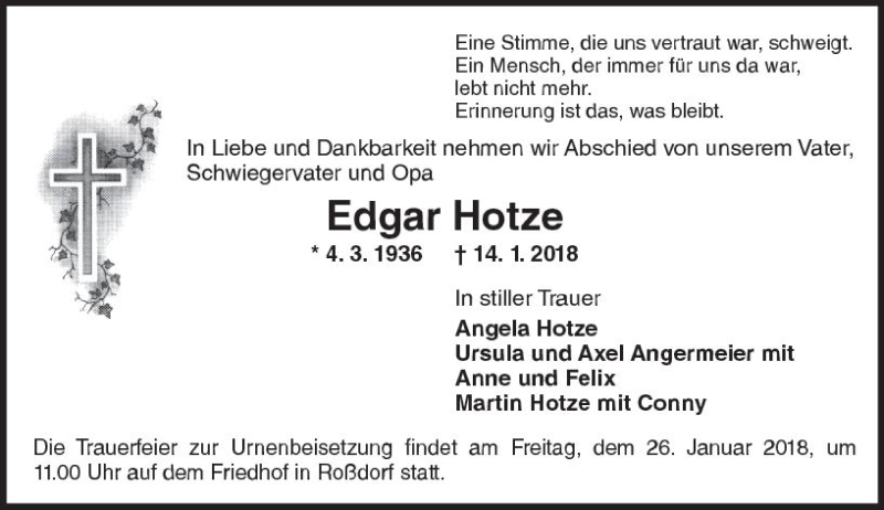  Traueranzeige für Edgar Hotze vom 24.01.2018 aus Trauerportal Rhein Main Presse