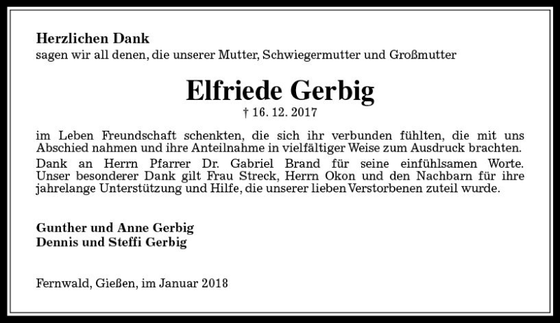  Traueranzeige für Elfriede Gerbig vom 13.01.2018 aus  Gießener Anzeiger