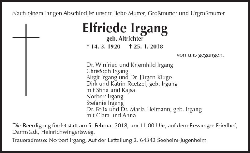  Traueranzeige für Elfriede Irgang vom 31.01.2018 aus Trauerportal Rhein Main Presse
