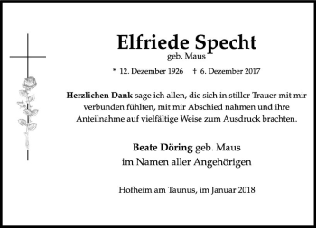 Traueranzeige von Elfriede Specht von Trauerportal Rhein Main Presse