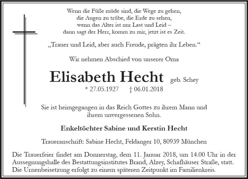  Traueranzeige für Elisabeth Hecht vom 09.01.2018 aus Trauerportal Rhein Main Presse
