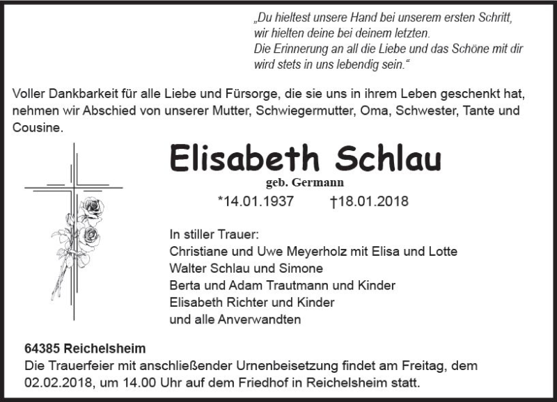  Traueranzeige für Elisabeth Schlau vom 31.01.2018 aus Trauerportal Rhein Main Presse