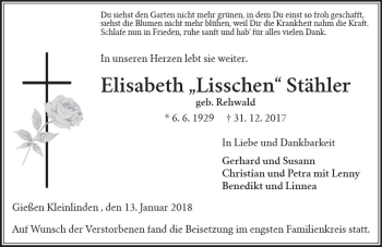 Traueranzeige von Elisabeth Stähler von  Gießener Anzeiger