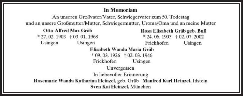  Traueranzeige für Elisabeth Wanda Maria Gräb vom 03.01.2018 aus  Usinger Anzeiger