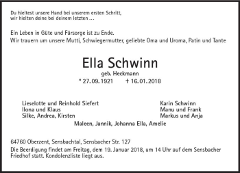 Traueranzeige von Ella Schwinn von Trauerportal Rhein Main Presse